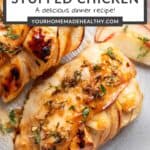 Pin graphic for apple and brie stuffed chicken.