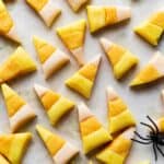 Homemade candy corn on a white backdrop.
