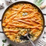 Mummy chicken pot pie in a large skillet.