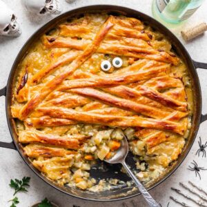 Mummy chicken pot pie in a large skillet.