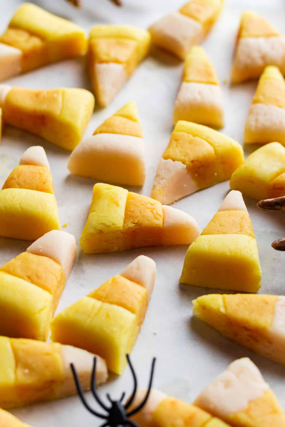 Dye free candy corn with white, orange, and yellow layers.