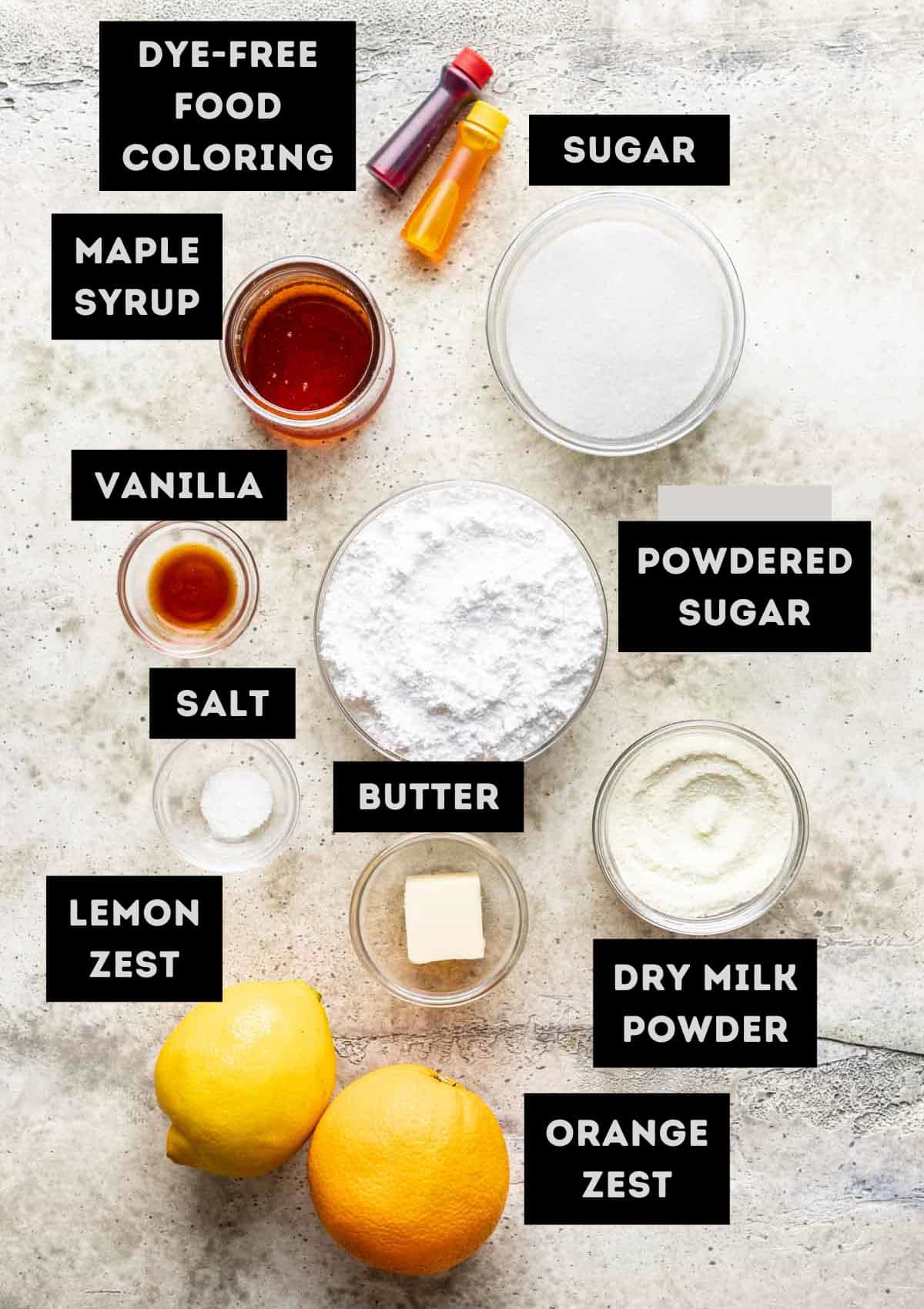 Labelled ingredients for homemade candy corn (see recipe for details).