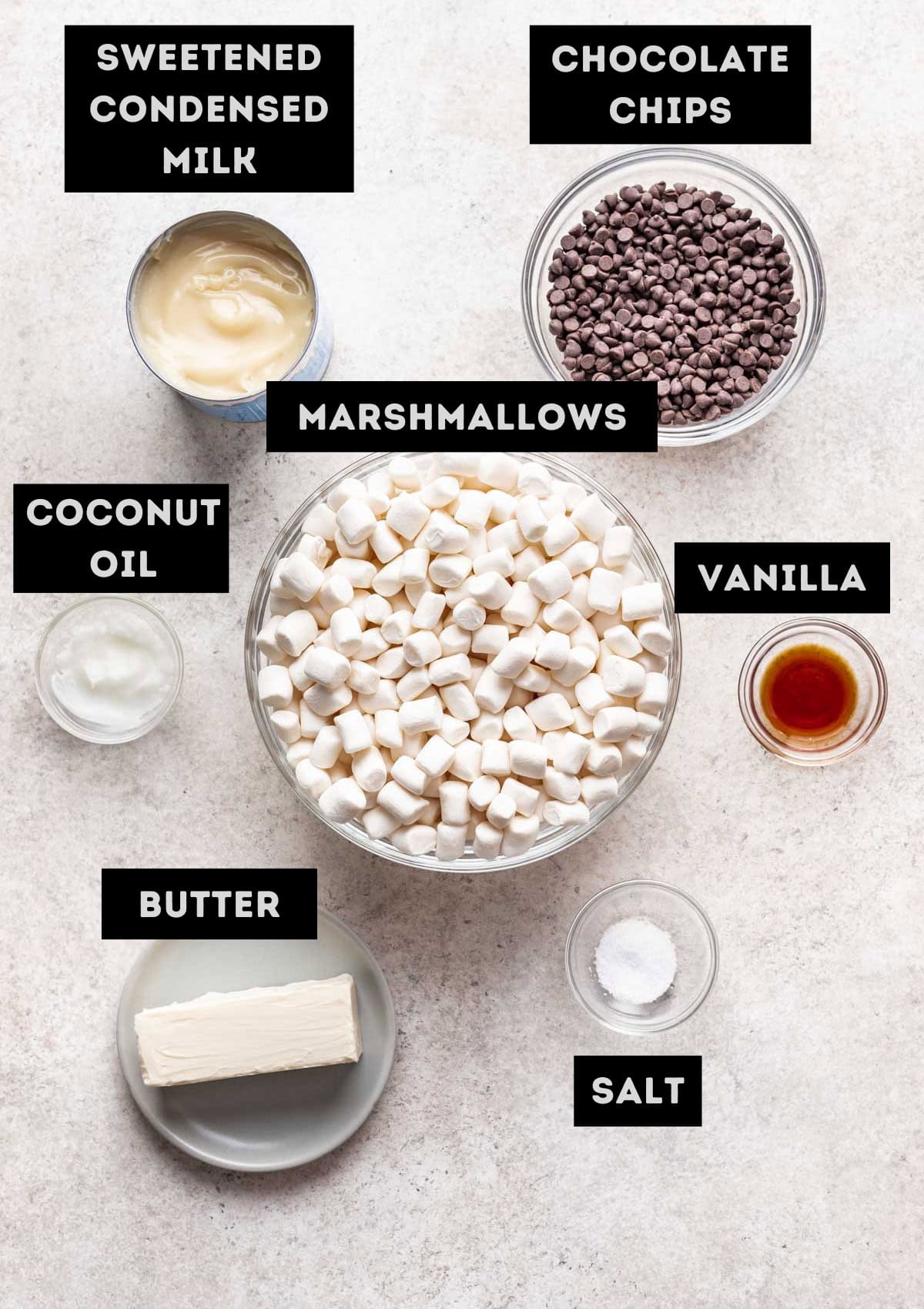 Labelled ingredients for homemade milky ways (see recipe for details).