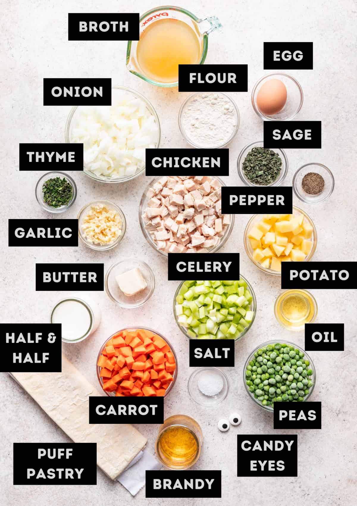 Labelled ingredients for mummy chicken pot pie (see recipe for details).