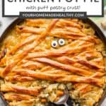 Pin graphic for mummy chicken pot pie.