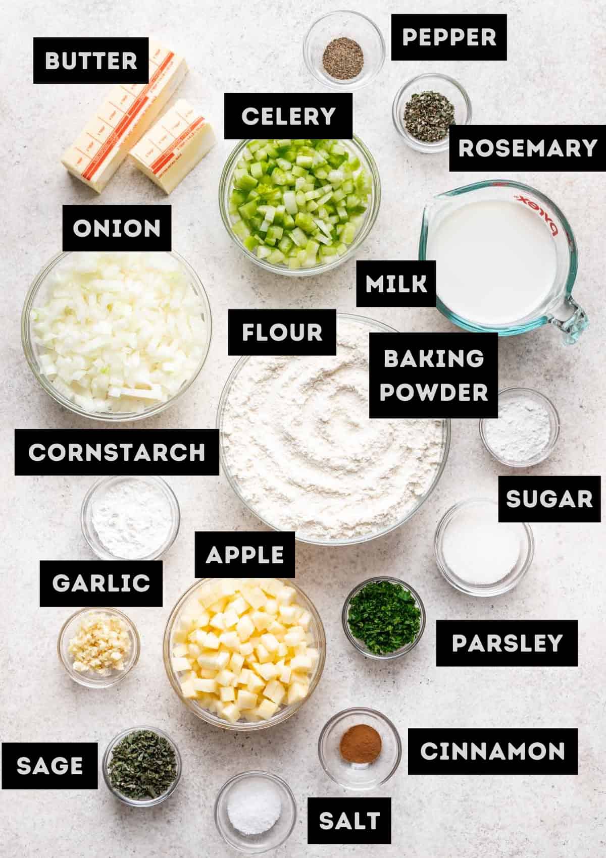 Labelled ingredients for savory Thanksgiving monkey bread (see recipe for details).