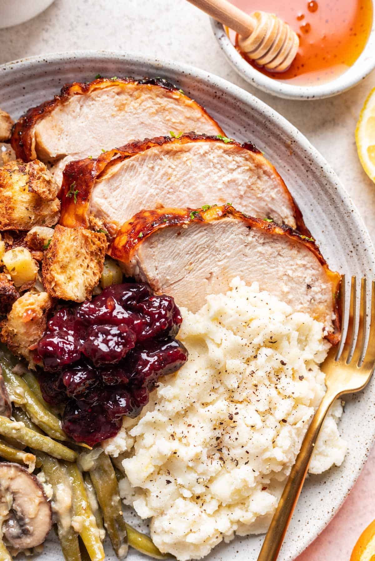 Sliced honey baked turkey breast on a dinner plate with mashed potatoes and cranberry sauce.