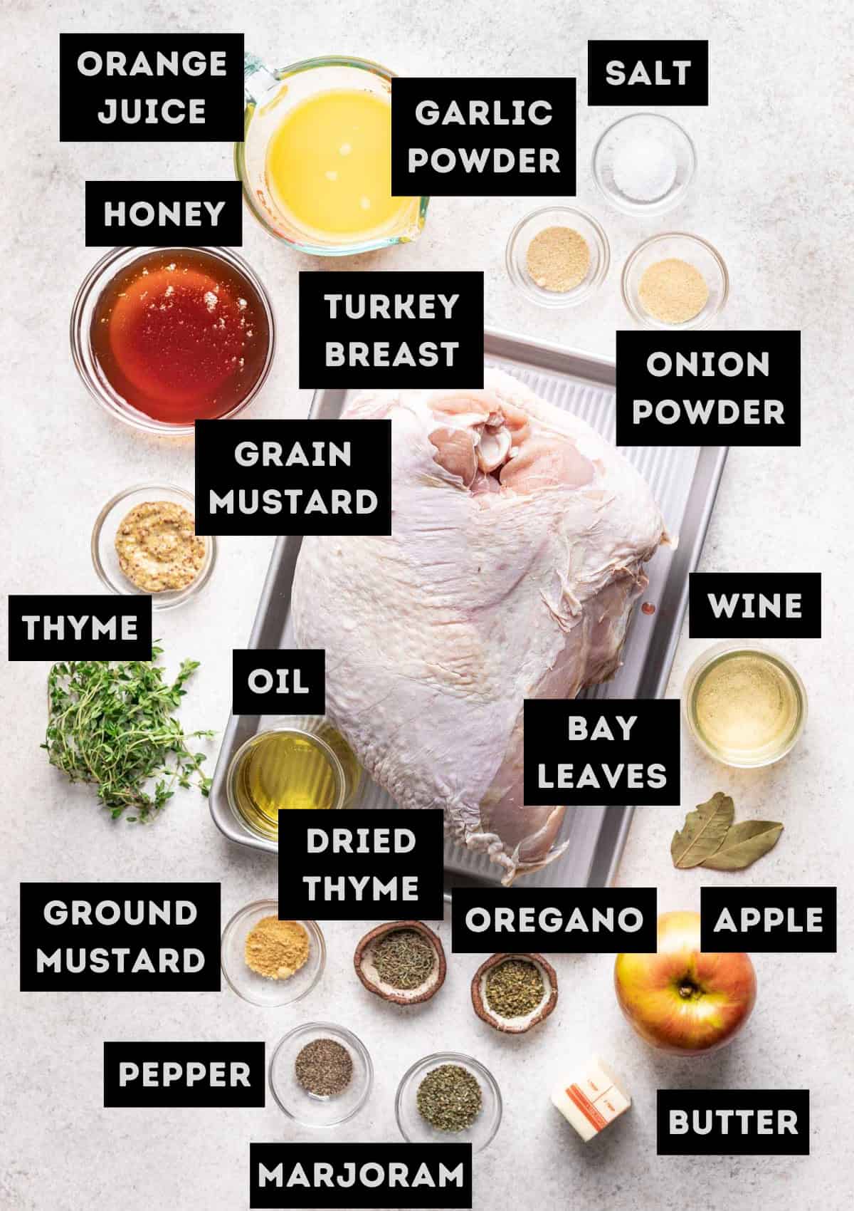 Labelled ingredients for honey baked turkey breast (see recipe for details).