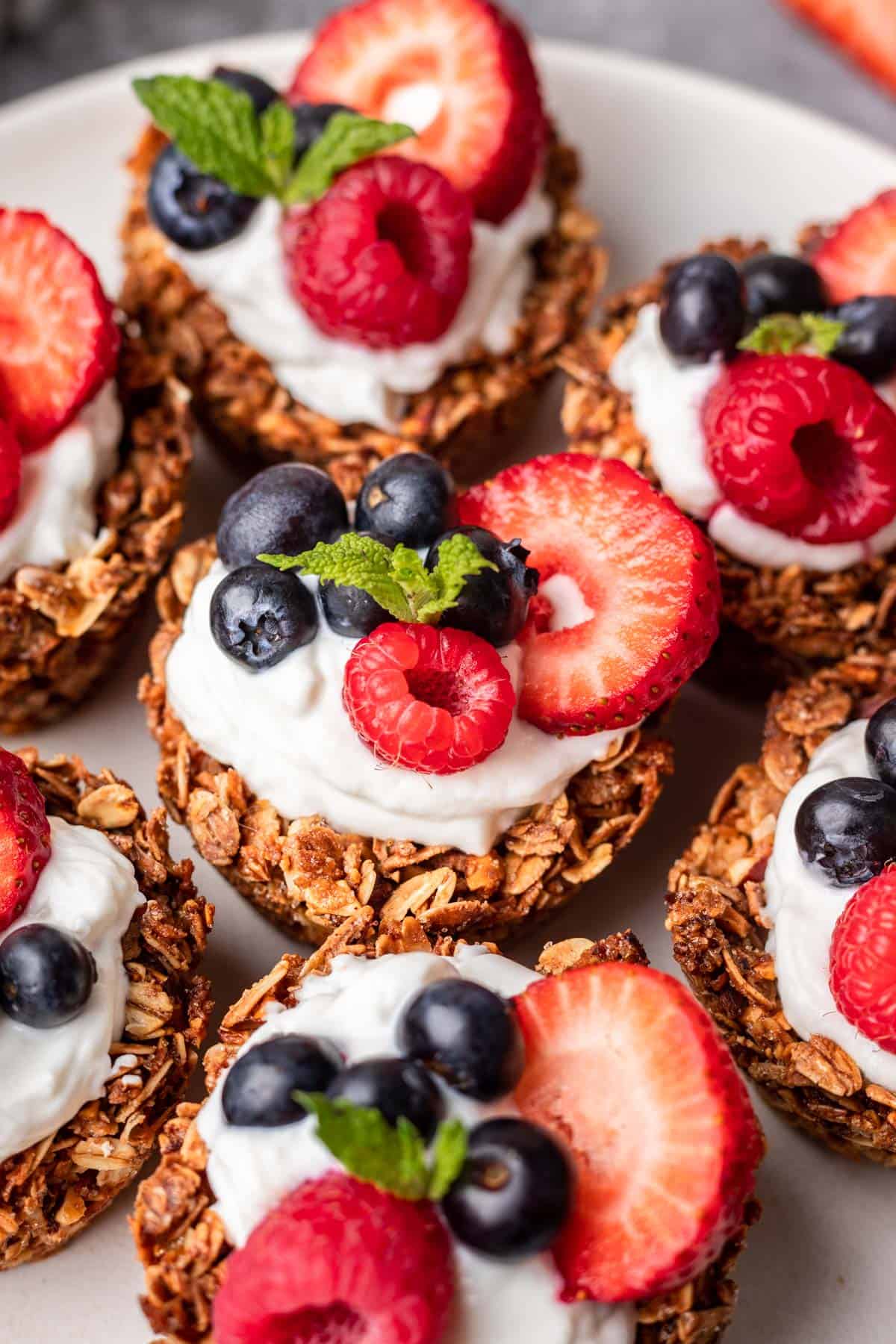 Homemade granola cups on a serving platter.