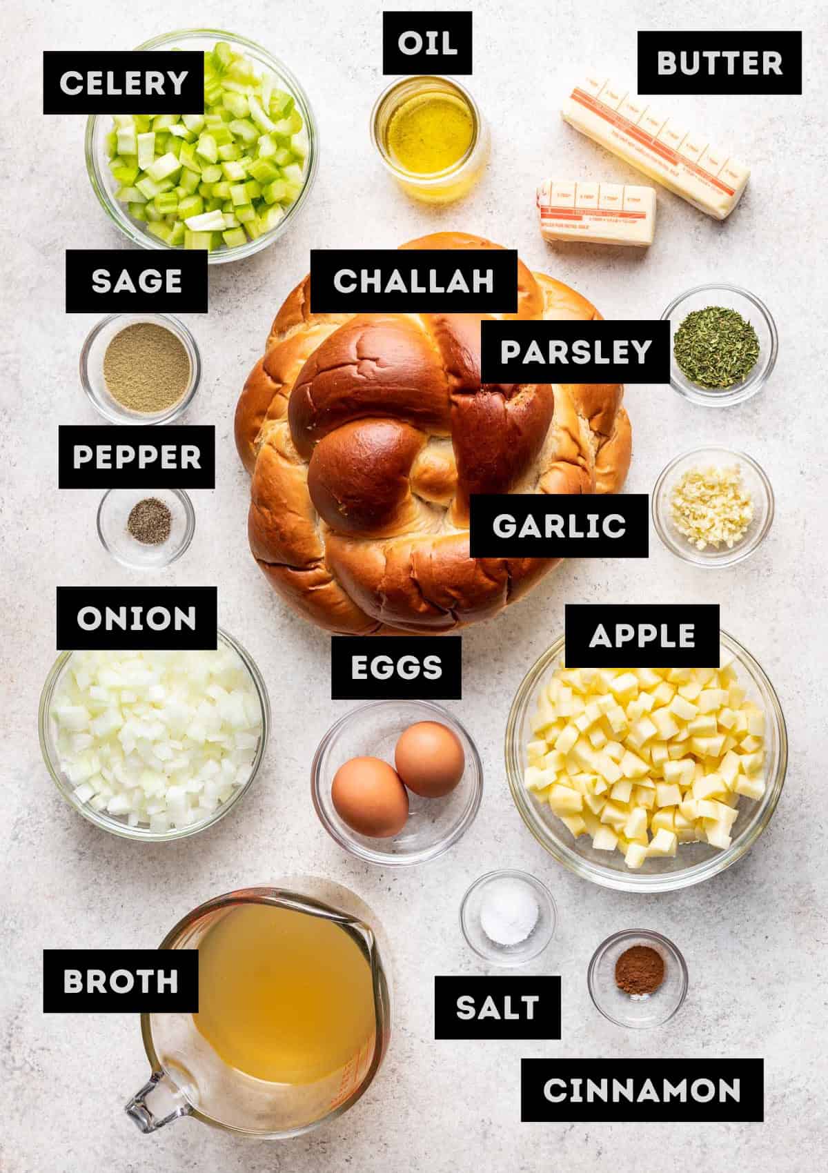 Labelled ingredients for challah bread Thanksgiving stuffing (see recipe for details).