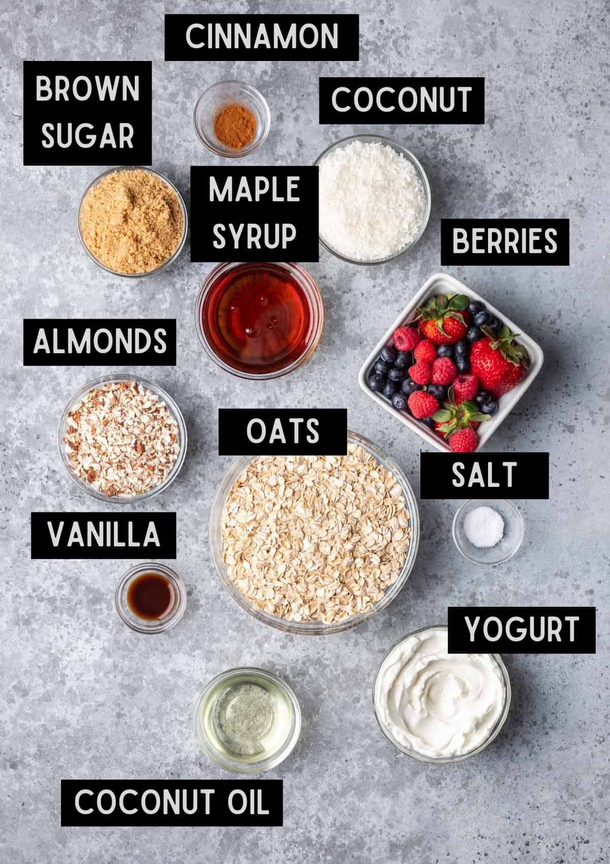 Labelled ingredients for granola cups (see recipe for details).