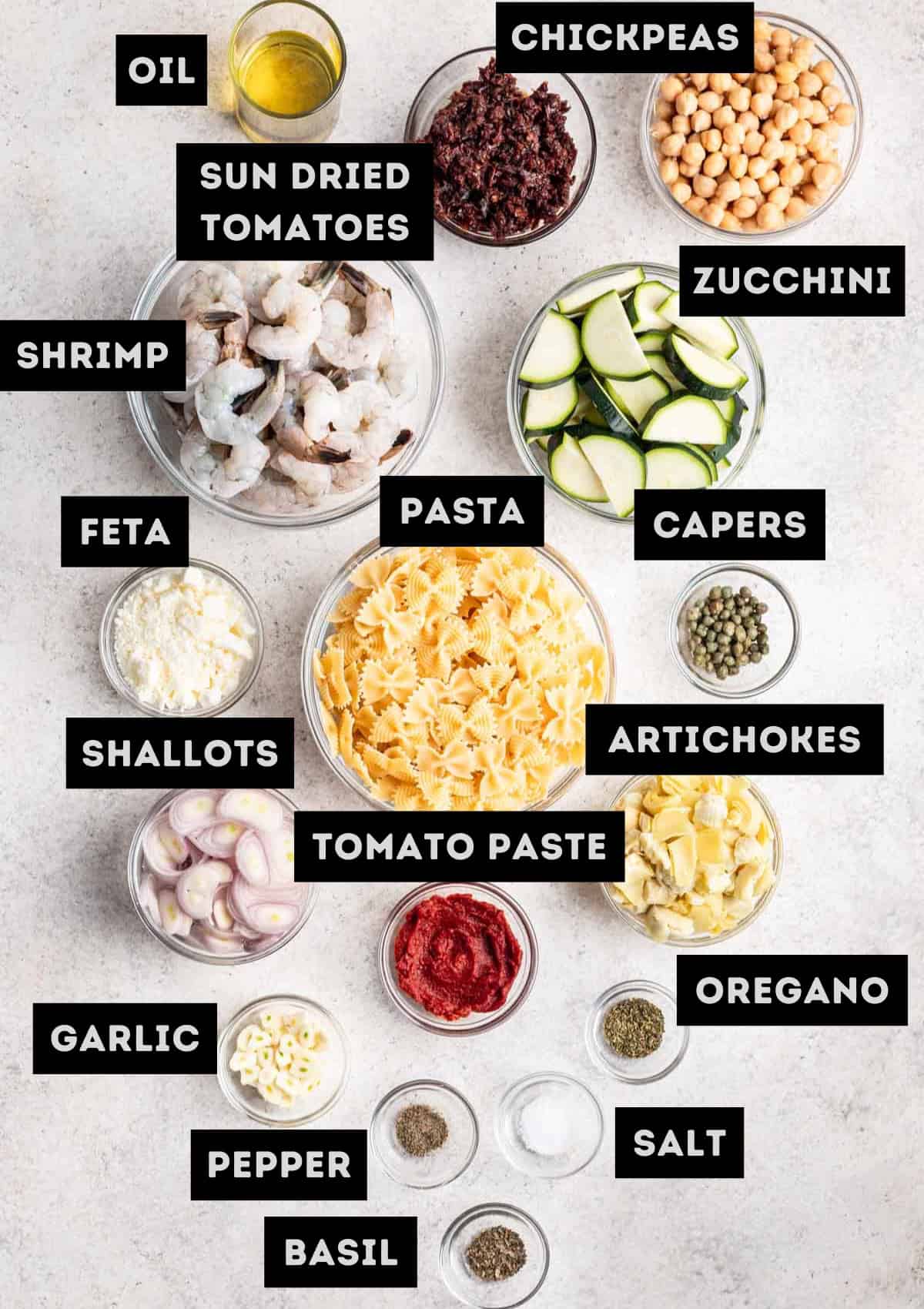 Labelled ingredients for shrimp and sun dried tomato pasta (see recipe for details).