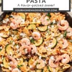 Pin graphic for shrimp and sun dried tomato pasta.