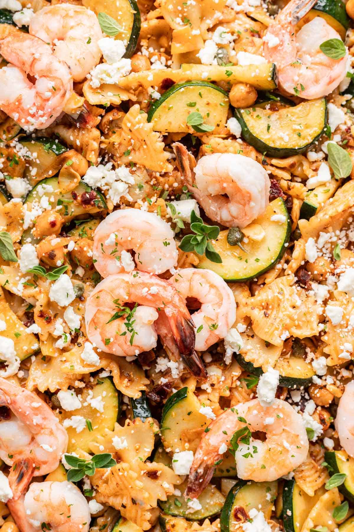 Shrimp and sun dried tomato pasta with zucchini, feta, and fresh oregano.