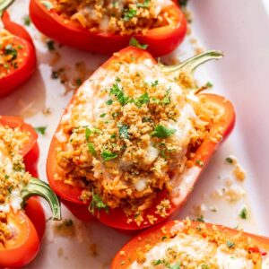 Ground Chicken Stuffed Peppers in a white baking dish.