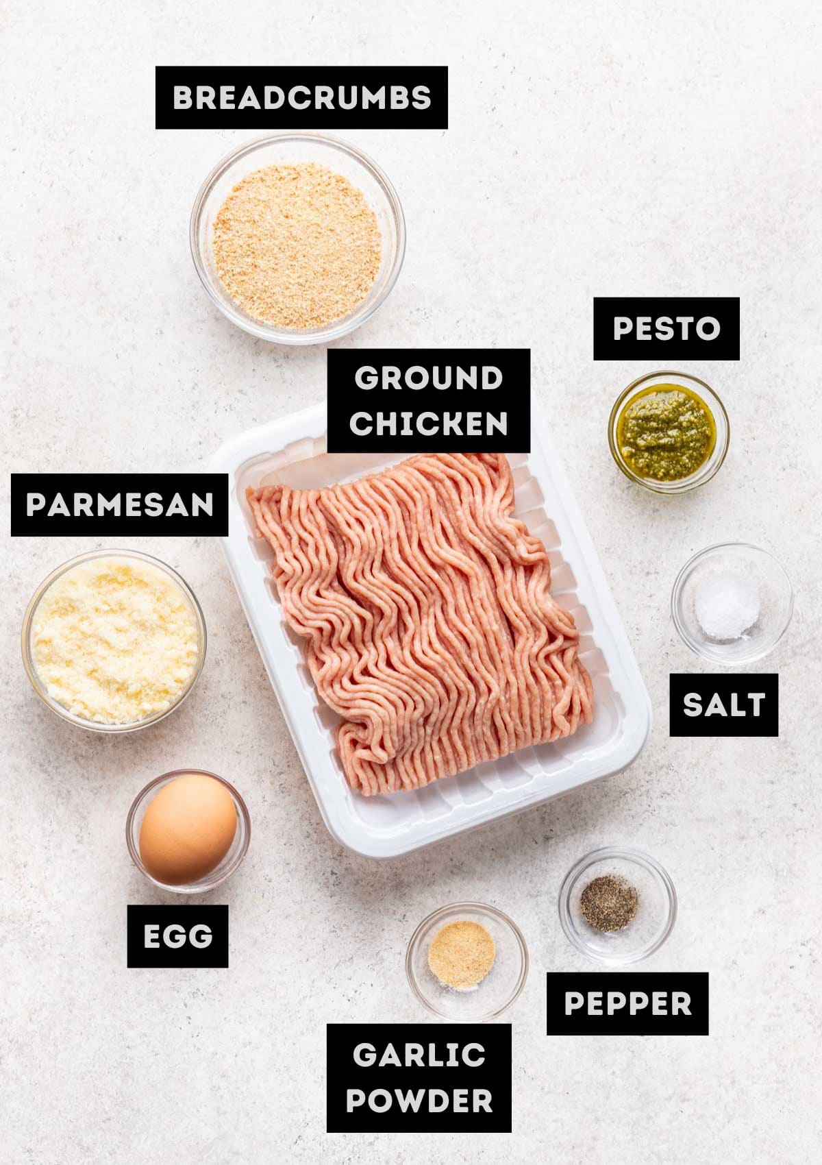 Labelled ingredients for air fryer chicken meatballs (see recipe for details).