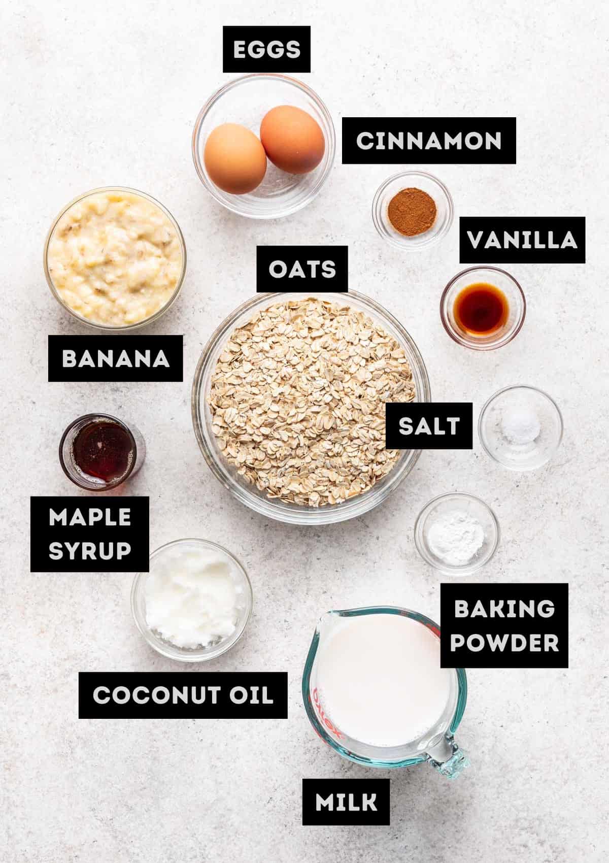 Labelled ingredients for banana bread baked oats (see recipe for details).