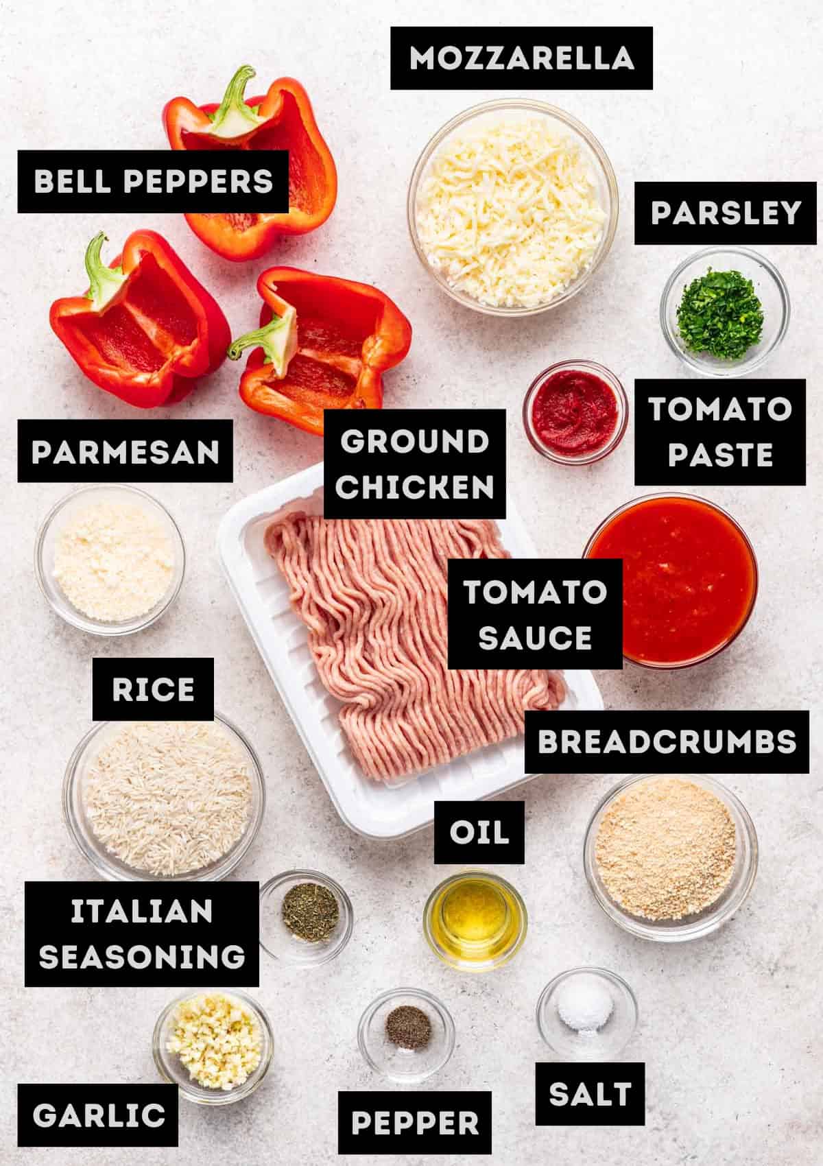 Labelled ingredients for ground chicken stuffed peppers (see recipe for details).