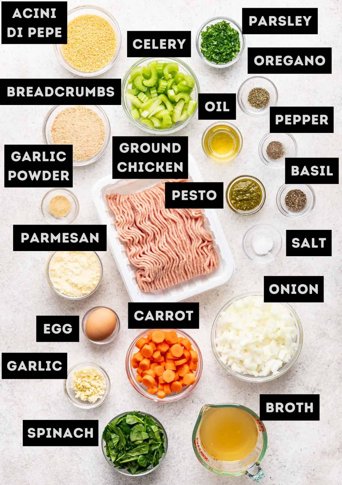 Labelled ingredients for instant pot italian wedding soup (see recipe for details).