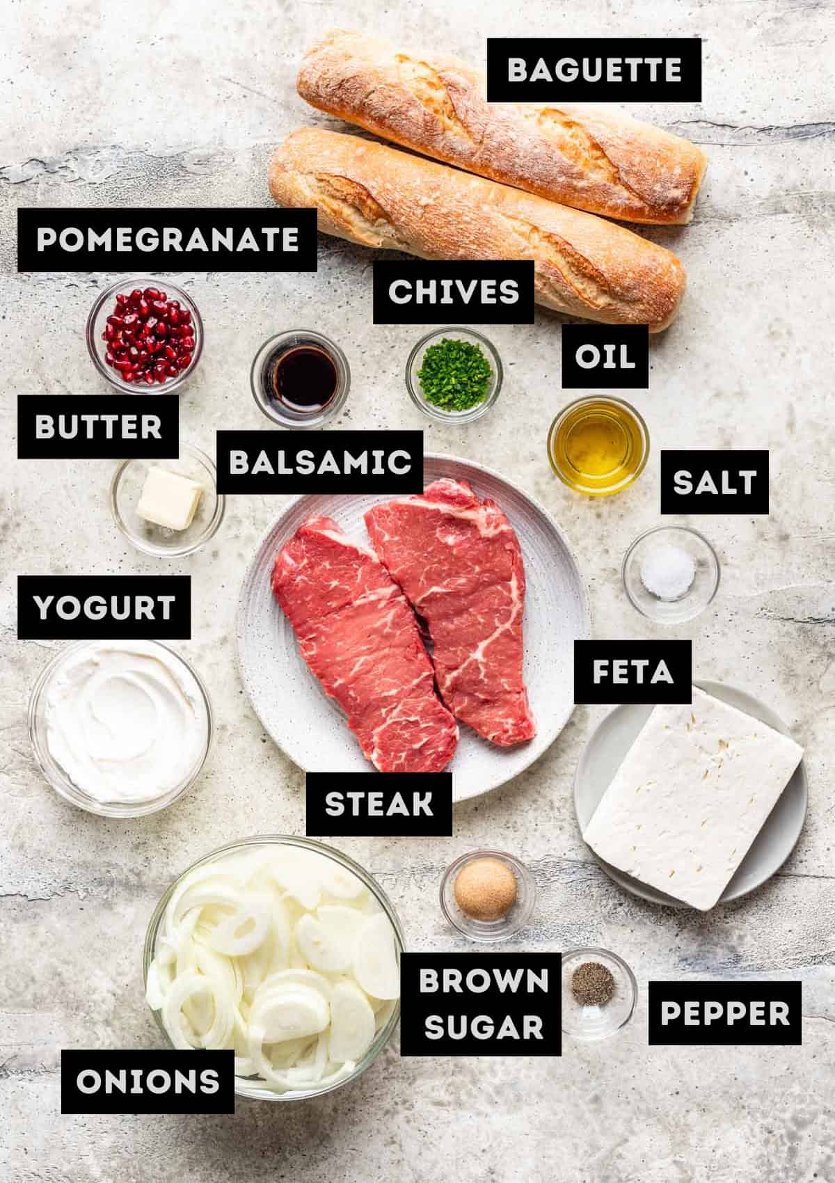 Labelled ingredients for steak and whipped feta crostini (see recipe for details).