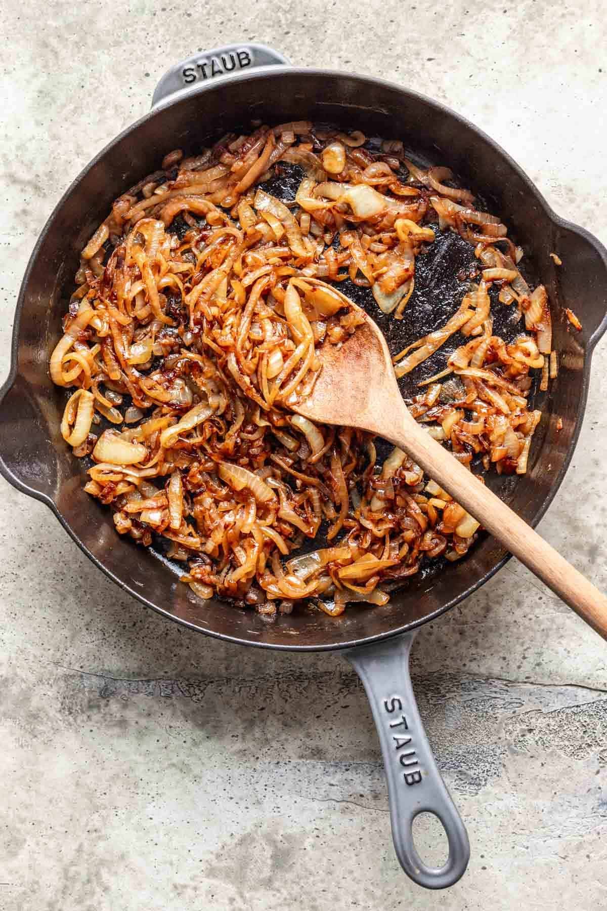 Caramelized onions in a skillet.