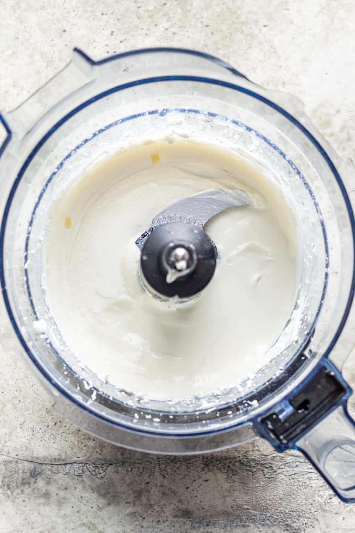 Creamy whipped feta blended in a food processor.