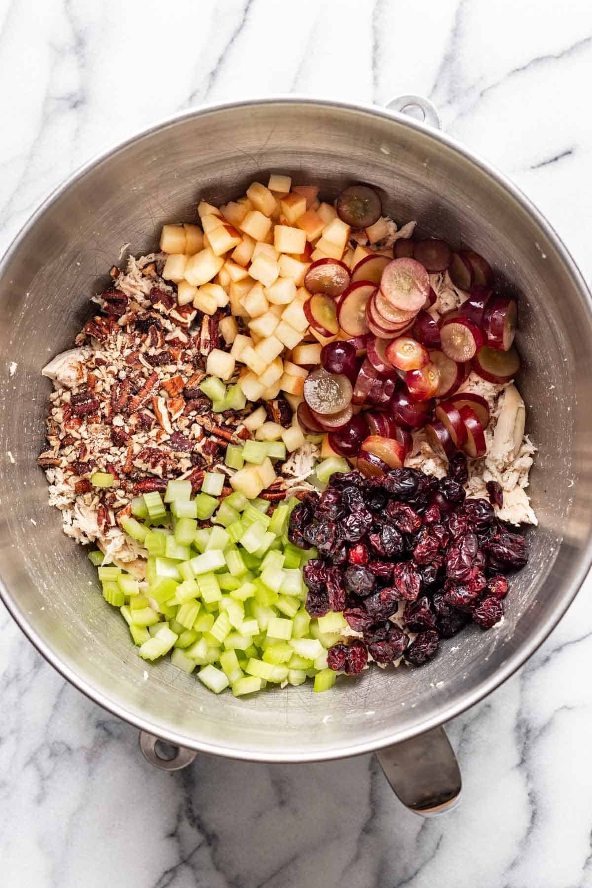 Toasted pecans, apples, cranberries, grapes, and celery added to the bowl with the shredded chicken.