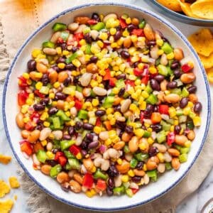 Bean, Corn, and Veggie Dip in a large serving bowl with tortilla chips around it.