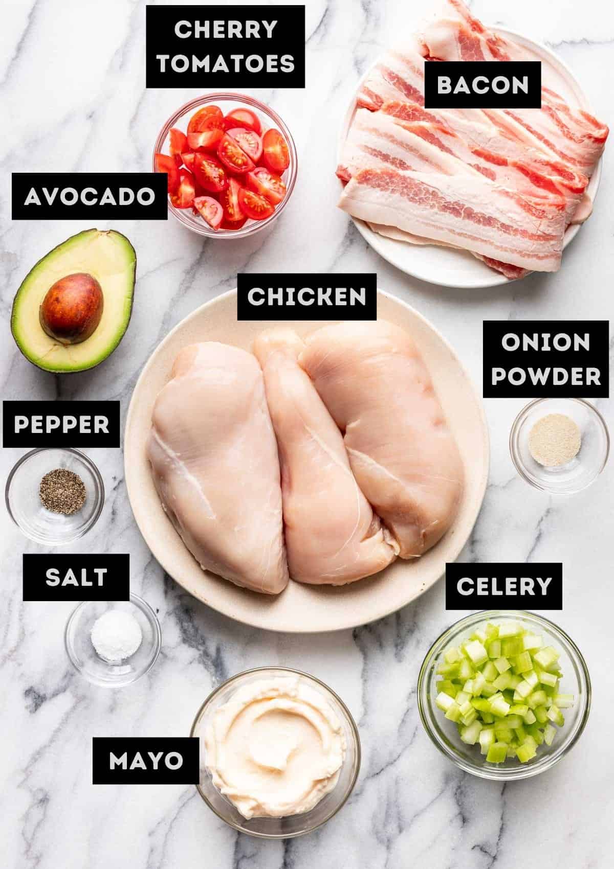 Labelled ingredients for avocado BLT chicken salad (see recipe for details).
