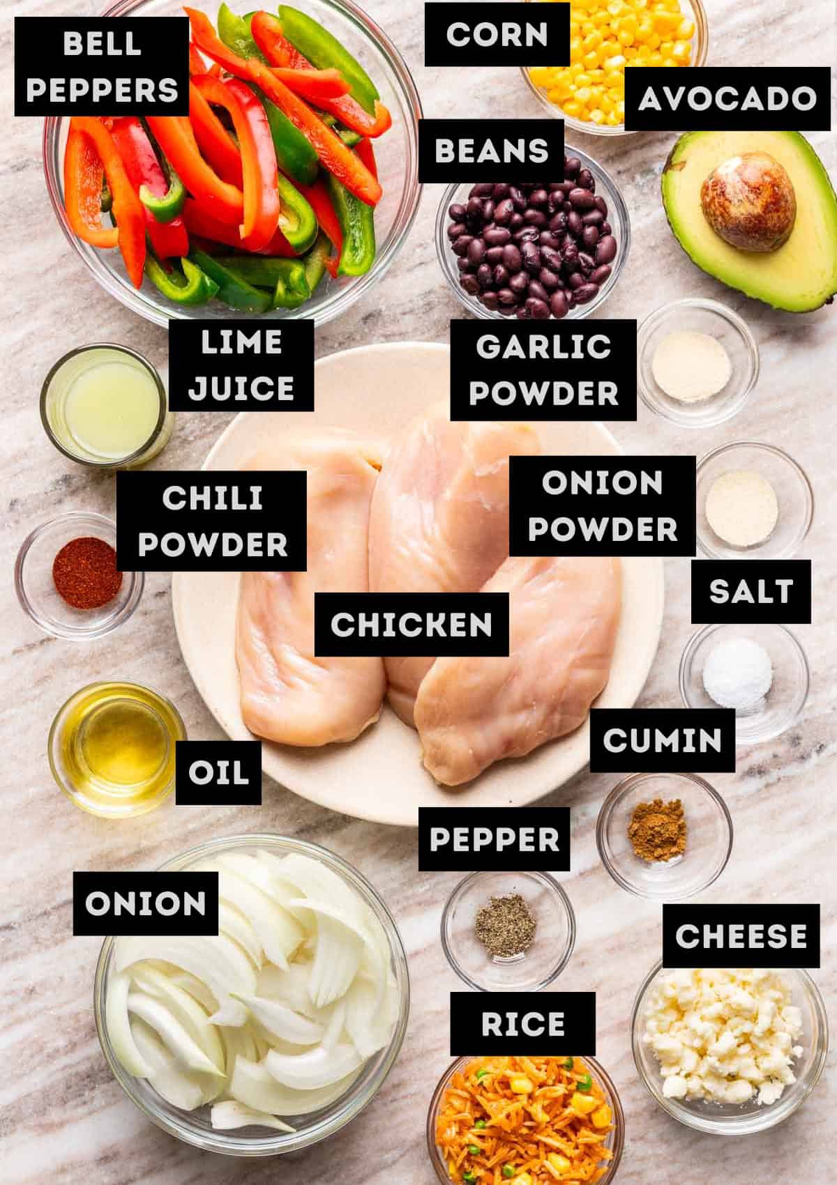 Labelled ingredients for chicken fajita bowls (see recipe for details).