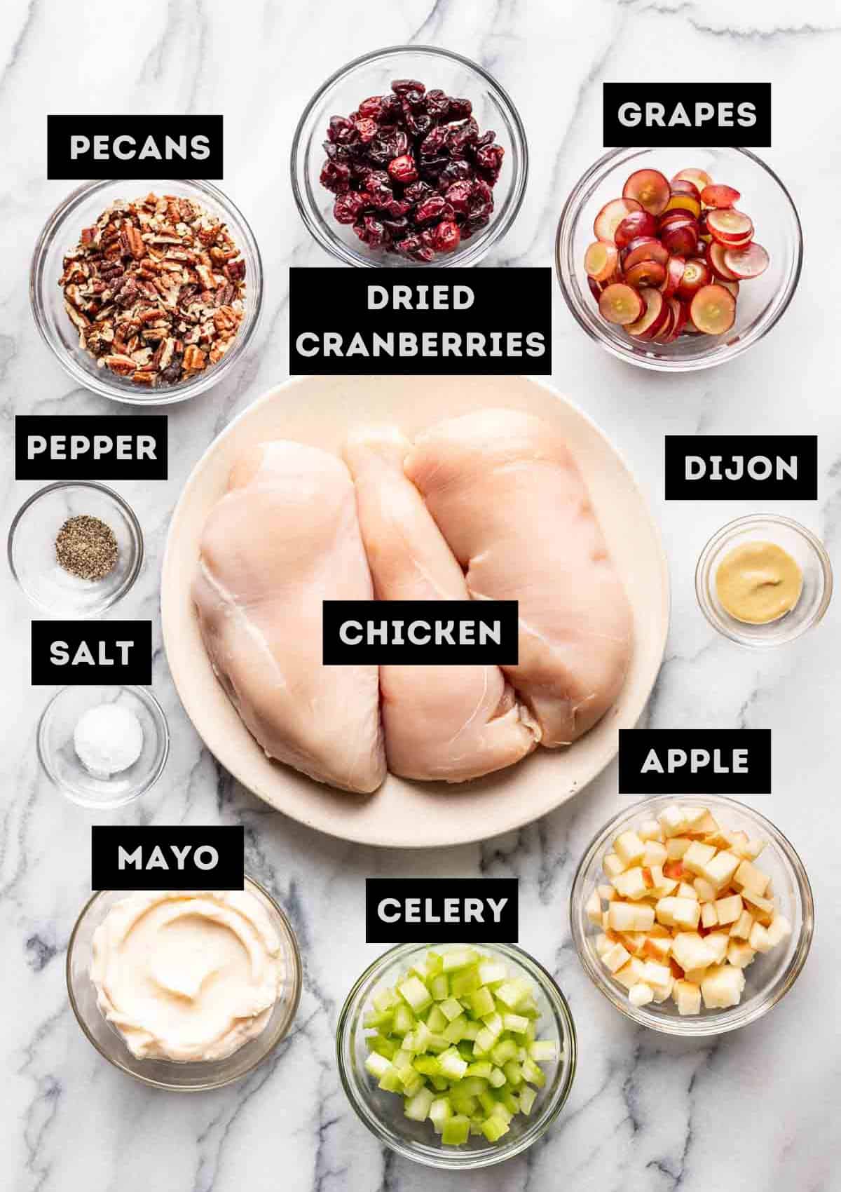 Labelled ingredients for cranberry pecan chicken salad (see recipe for details).