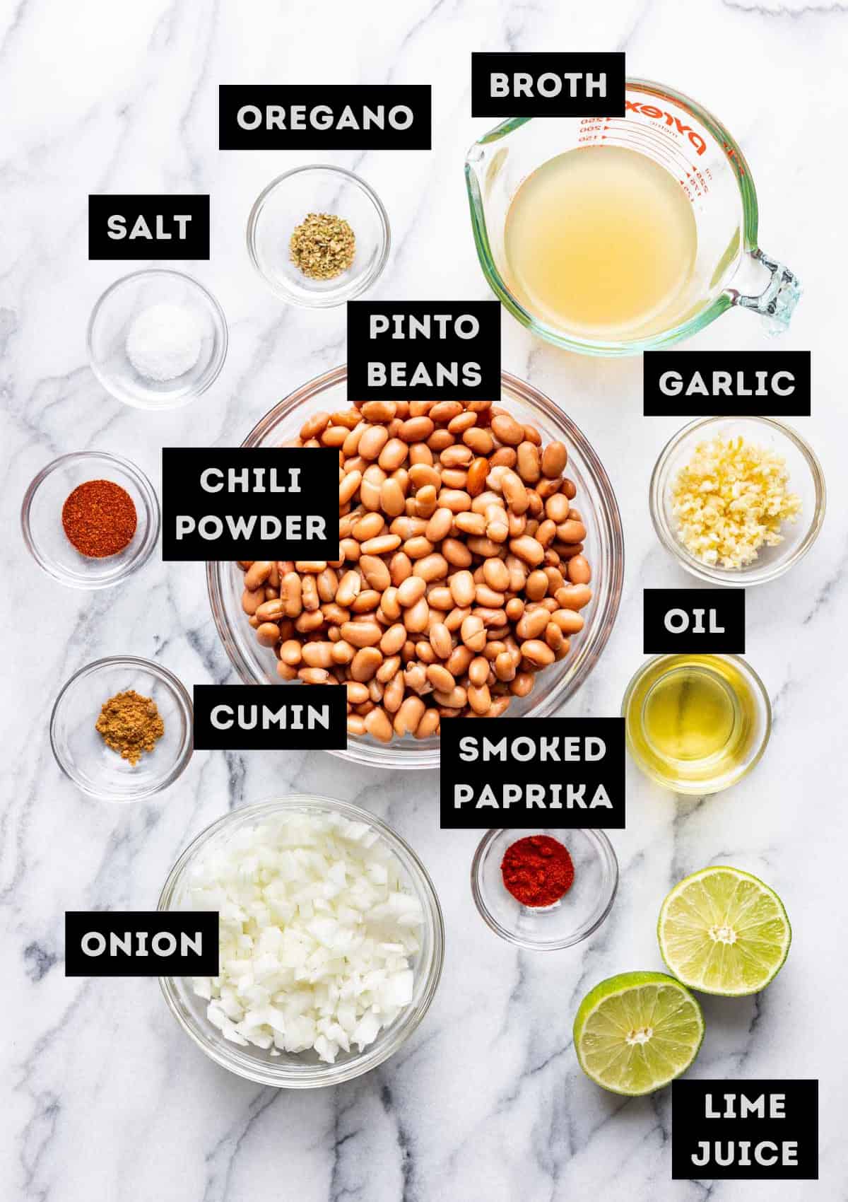 Labelled ingredients for homemade refried beans (see recipe for details).