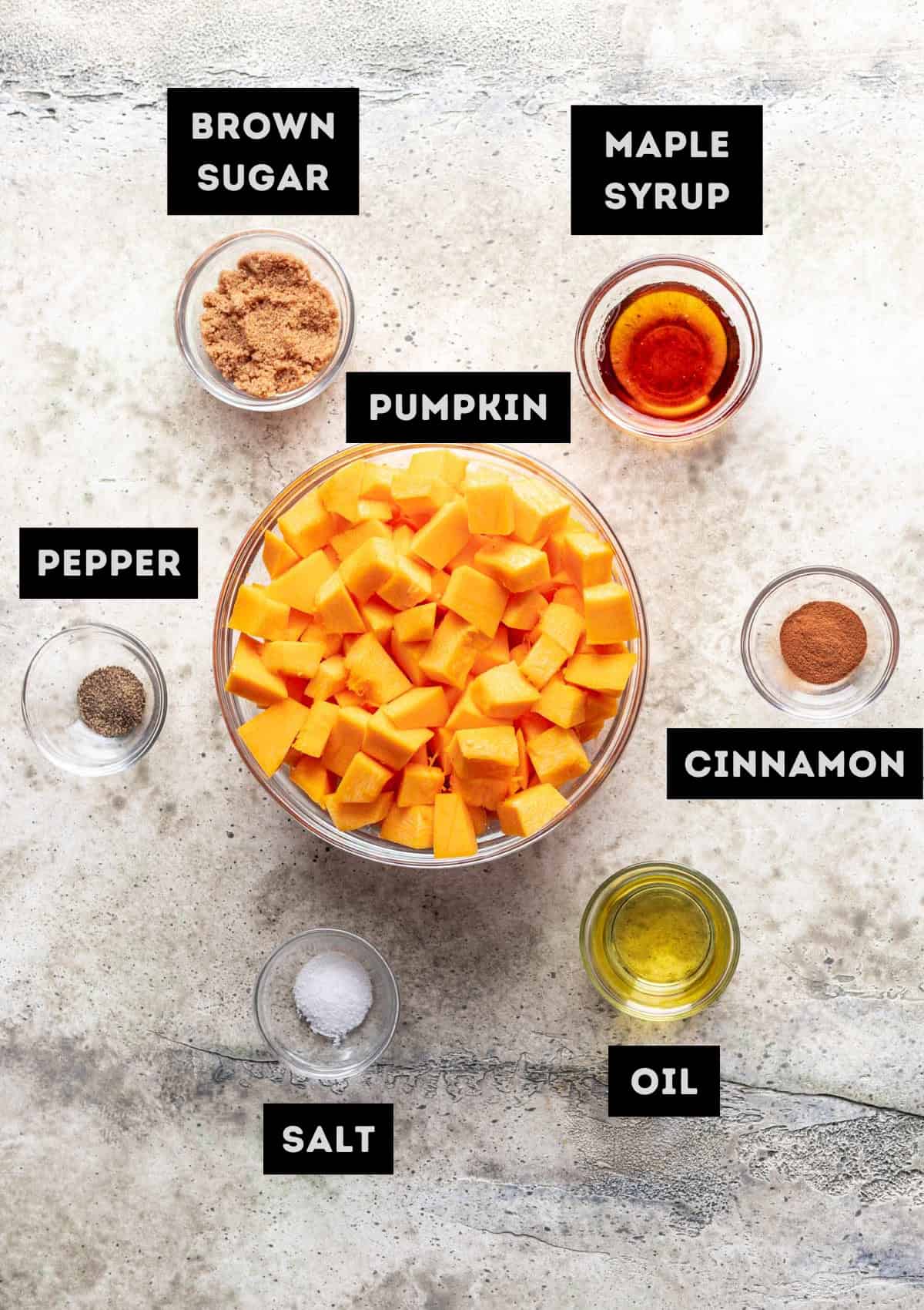 Labelled ingredients for maple roasted pumpkin (see recipe for details).