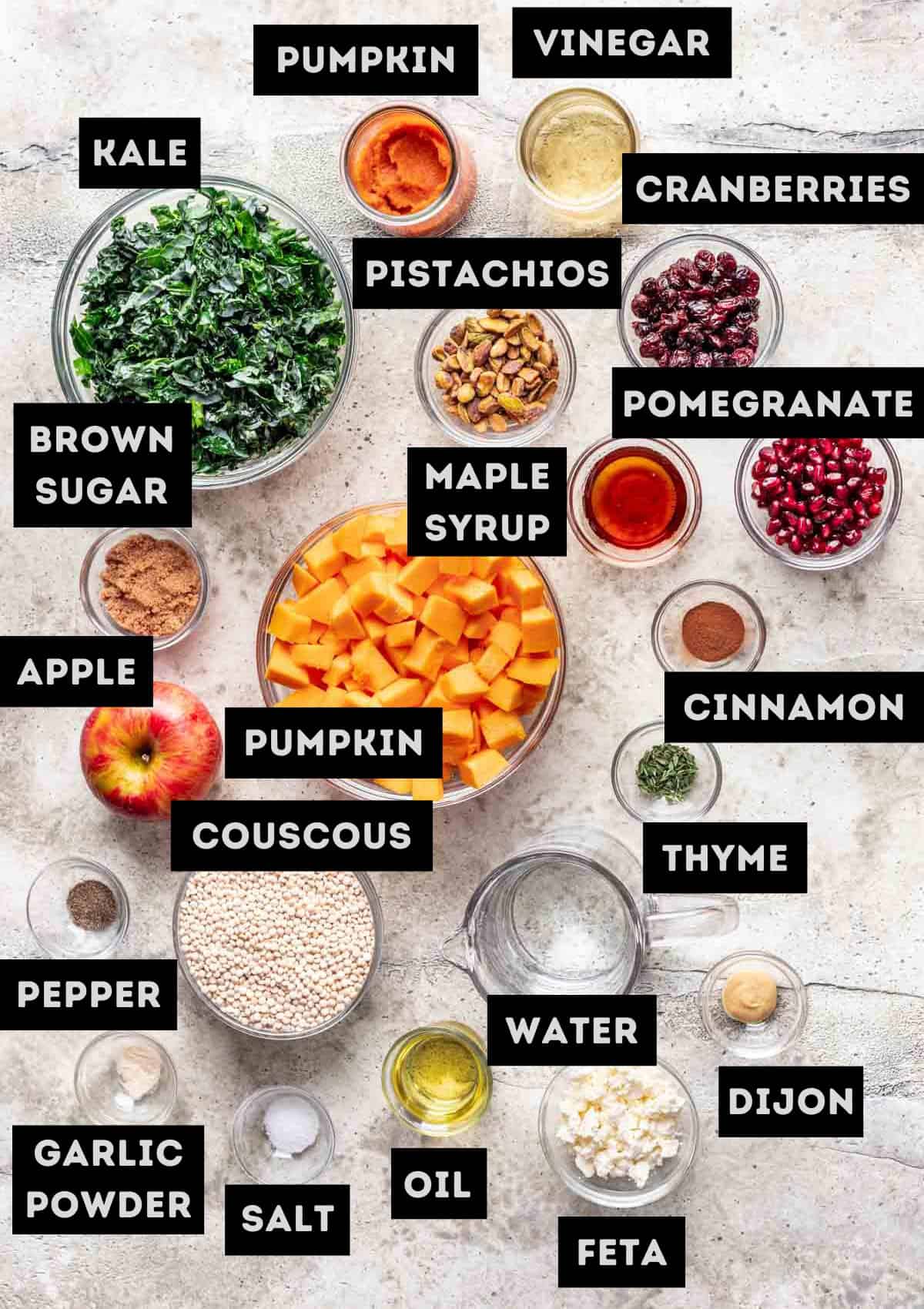Labelled ingredients for pumpkin couscous salad (see recipe for details).