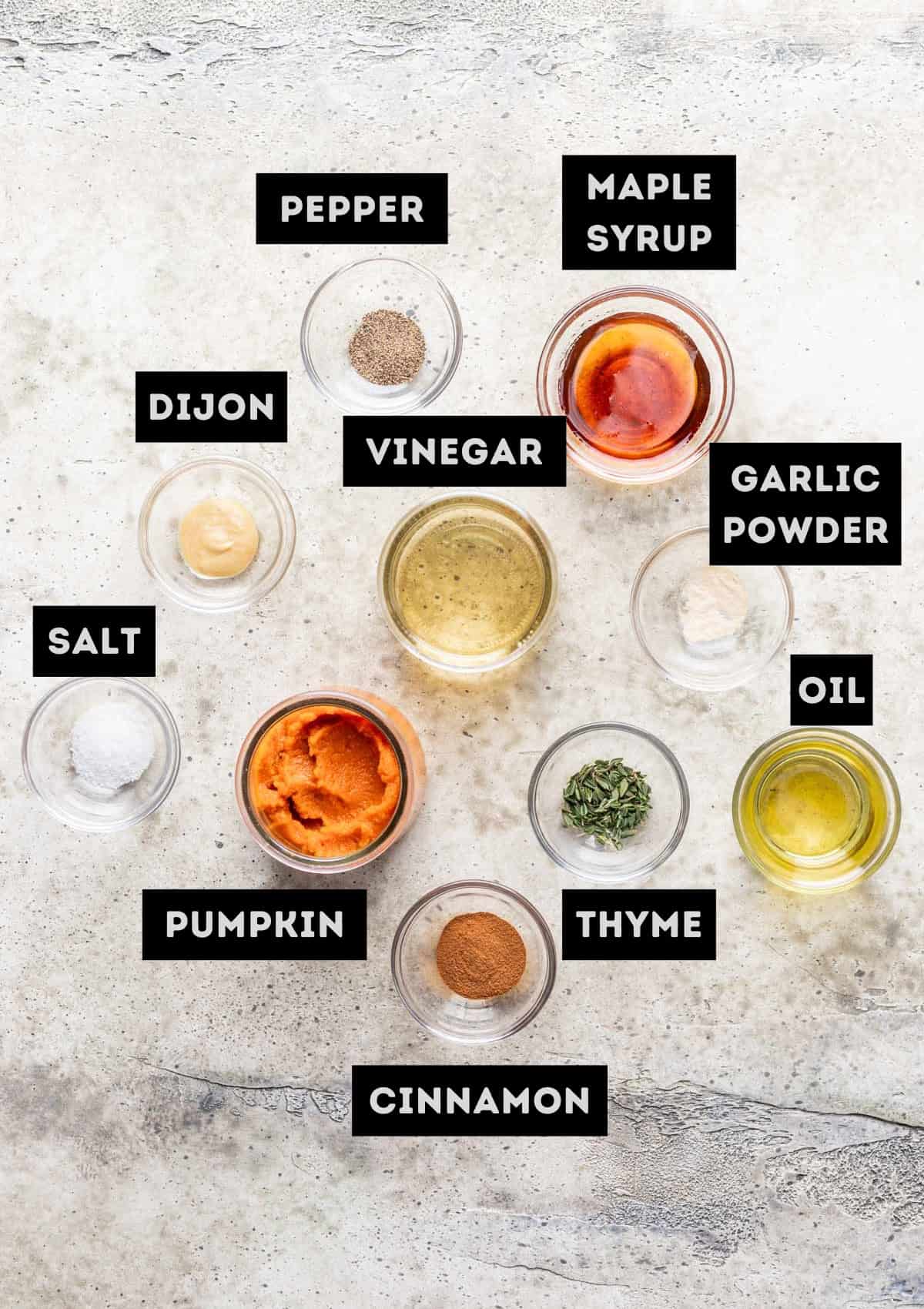 Labelled ingredients for pumpkin salad dressing (see recipe for details).