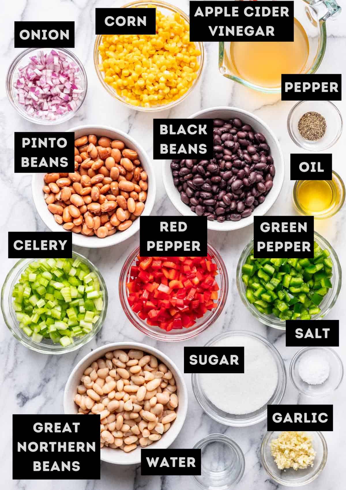 Labelled ingredients for Sweet and Tangy Bean, Corn, and Veggie Dip (Cowboy Caviar). See recipe for details.