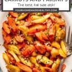 Pin graphic for maple roasted carrots and parsnips.