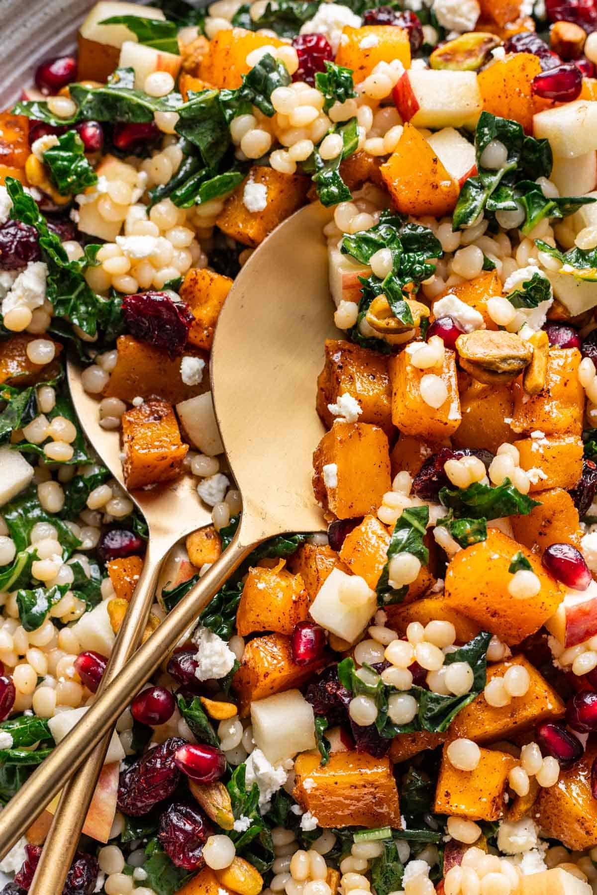 Closeup of pumpkin couscous salad, showing roasted pumpkin, kale, couscous, fresh apples, and dried cranberries.
