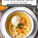 Pin graphic for instant pot matzo ball soup.