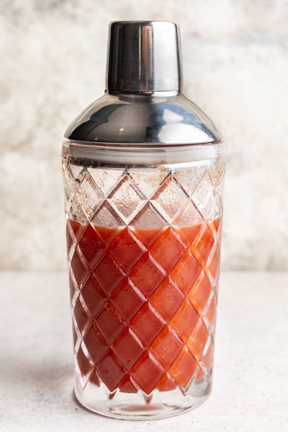 Bloody mary mixed in a cocktail shaker.