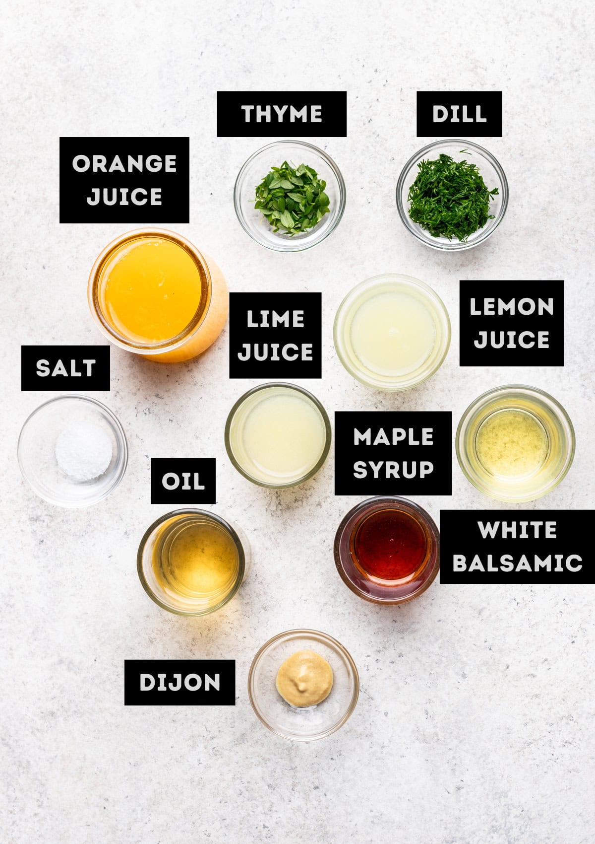 Labelled ingredients for Citrus Herb Balsamic Vinaigrette (see recipe for details).