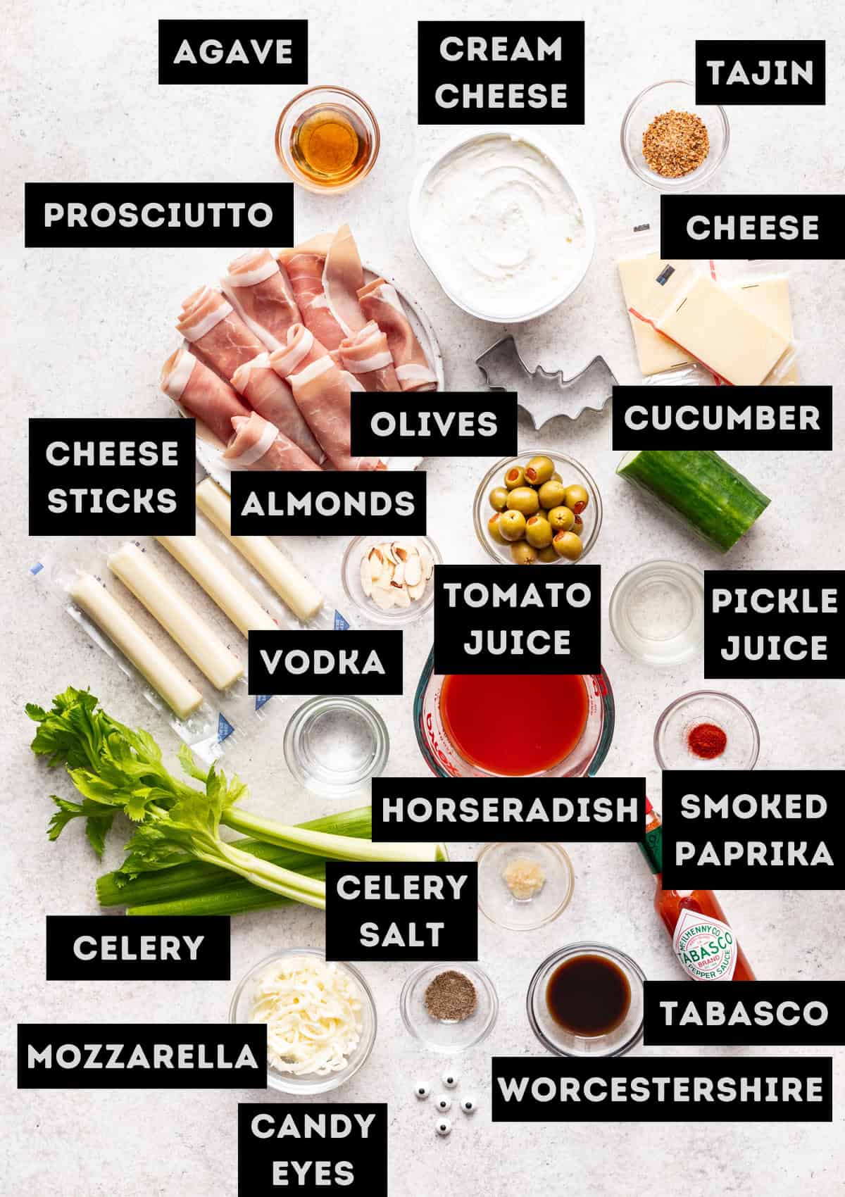 Labelled ingredients for Halloween Bloody Mary (see recipe for details).