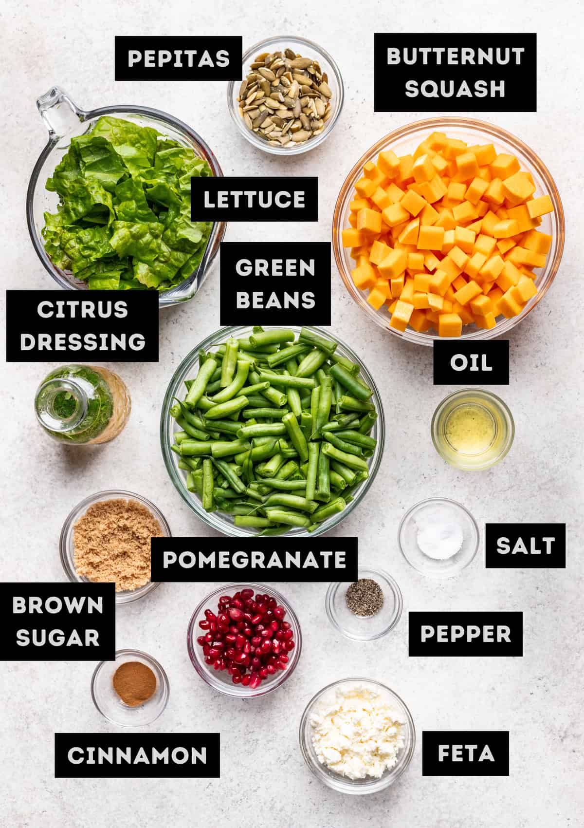 Labelled ingredients for roasted green bean and butternut squash salad (see recipe for details).