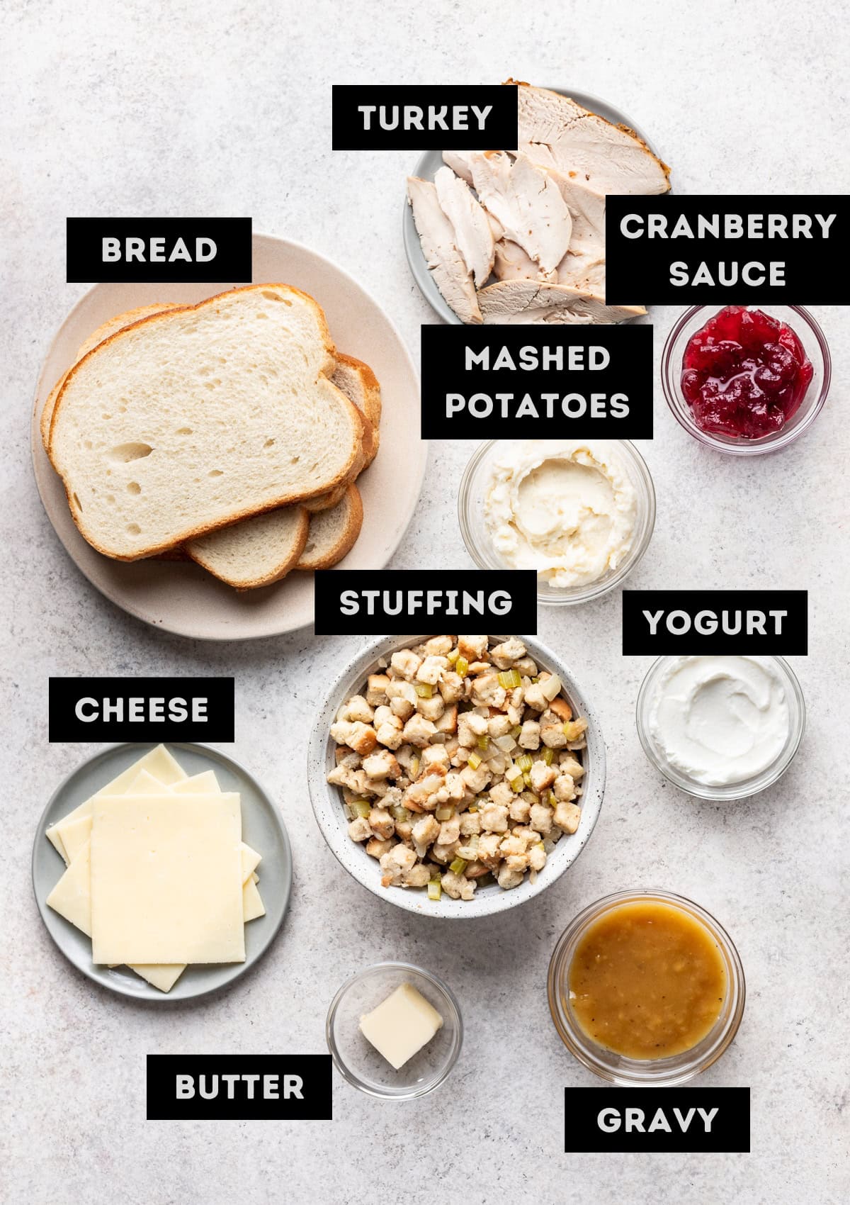 Labelled ingredients for Thanksgiving Leftover Panini (see recipe for details).