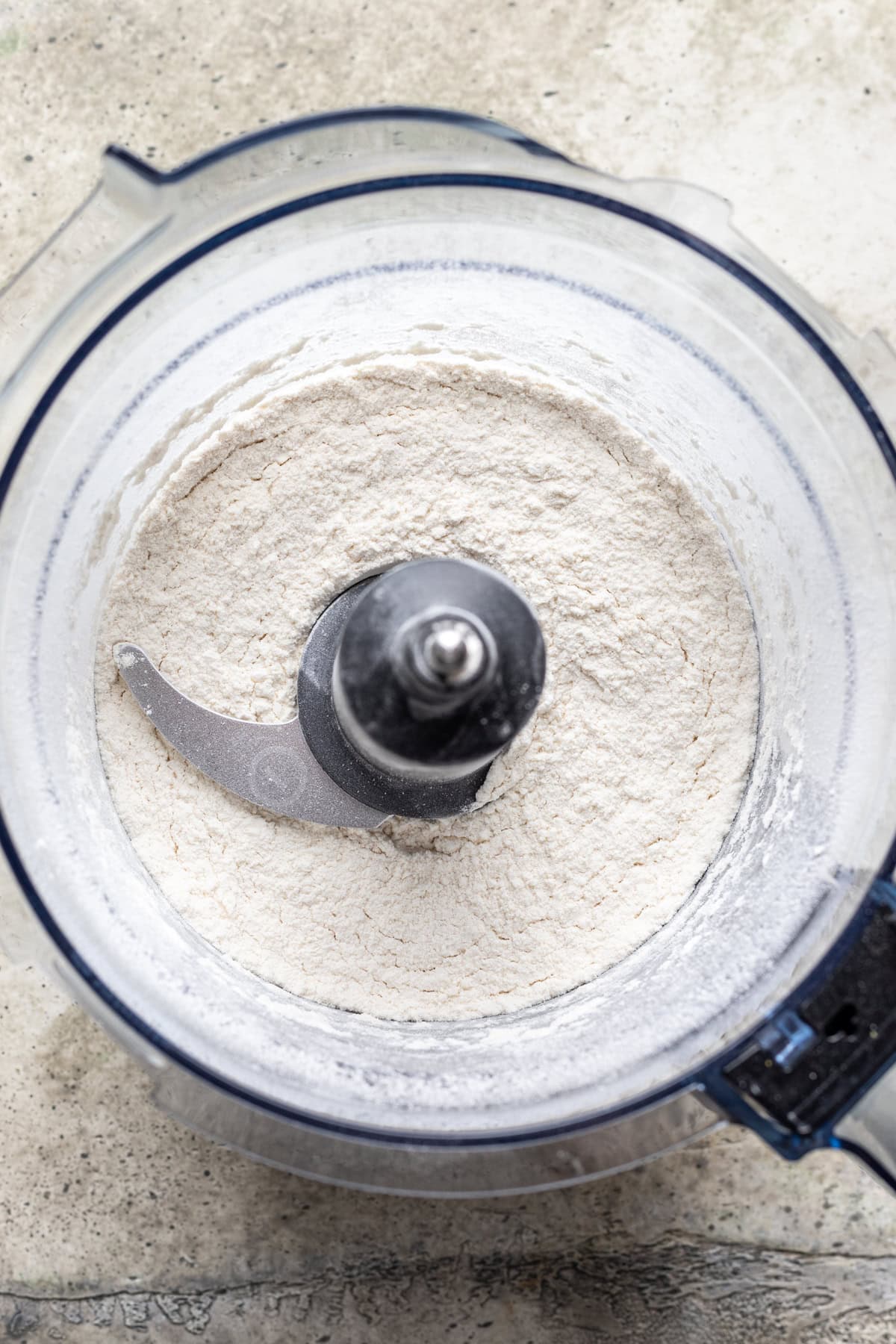 Flour and salt mixed together in a food processor.