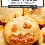 Pin graphic for jack o lantern pizza rolls.