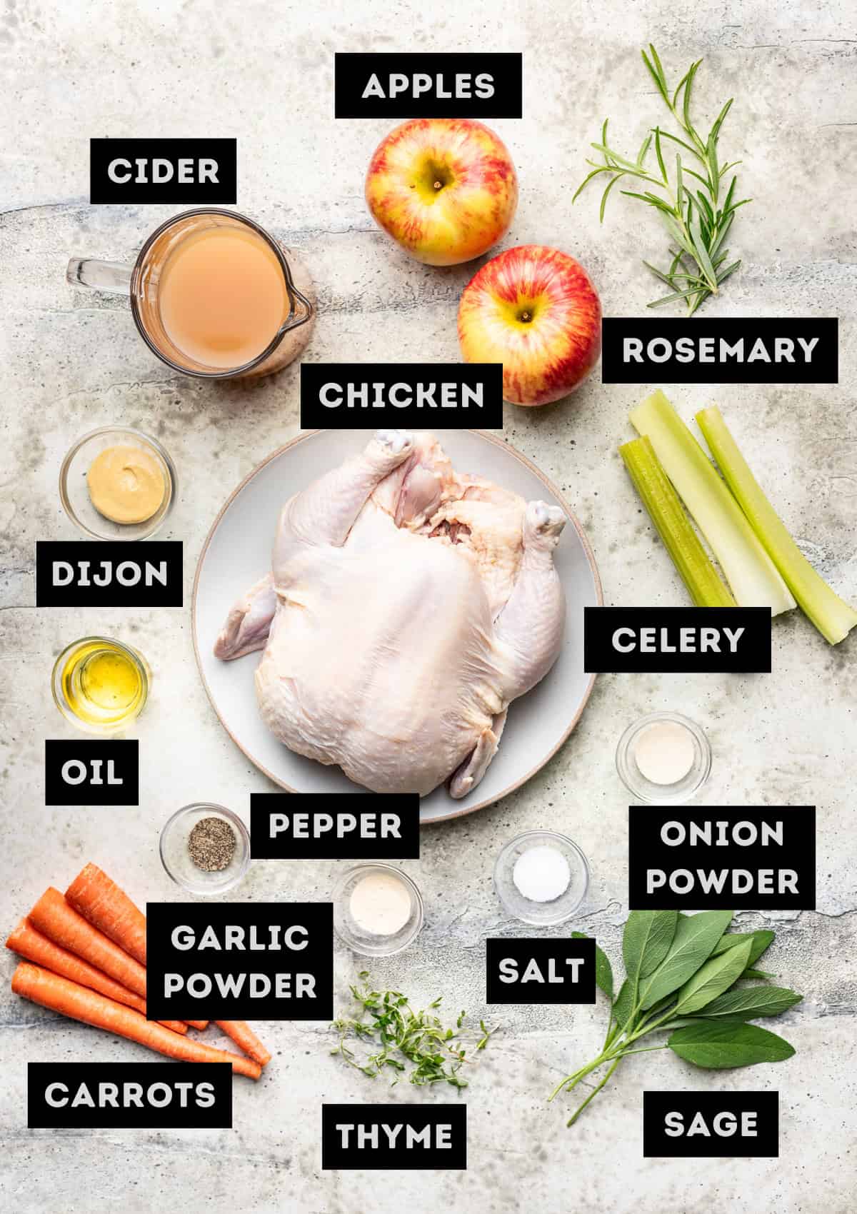 Labelled ingredients for Thanksgiving Roasted Chicken (see recipe for details).