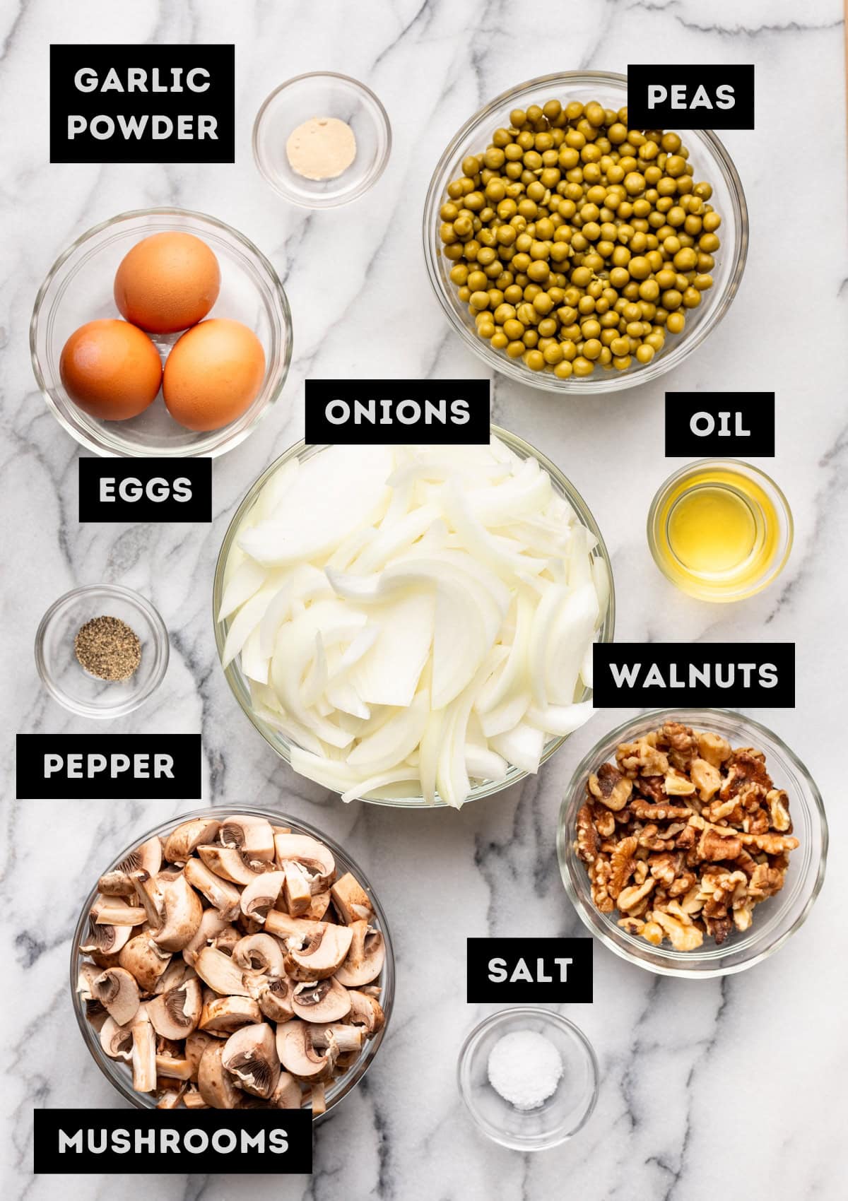 Labelled ingredients for vegetarian chopped liver (see recipe for details).