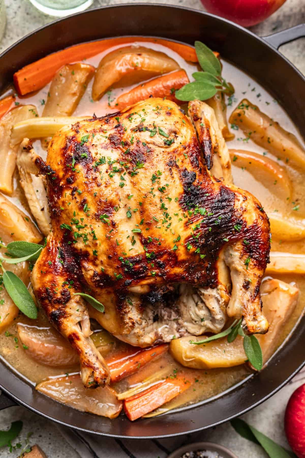 Whole roasted Thanksgiving chicken on a bed of cooked carrots, celery, and apples with a golden brown skin.