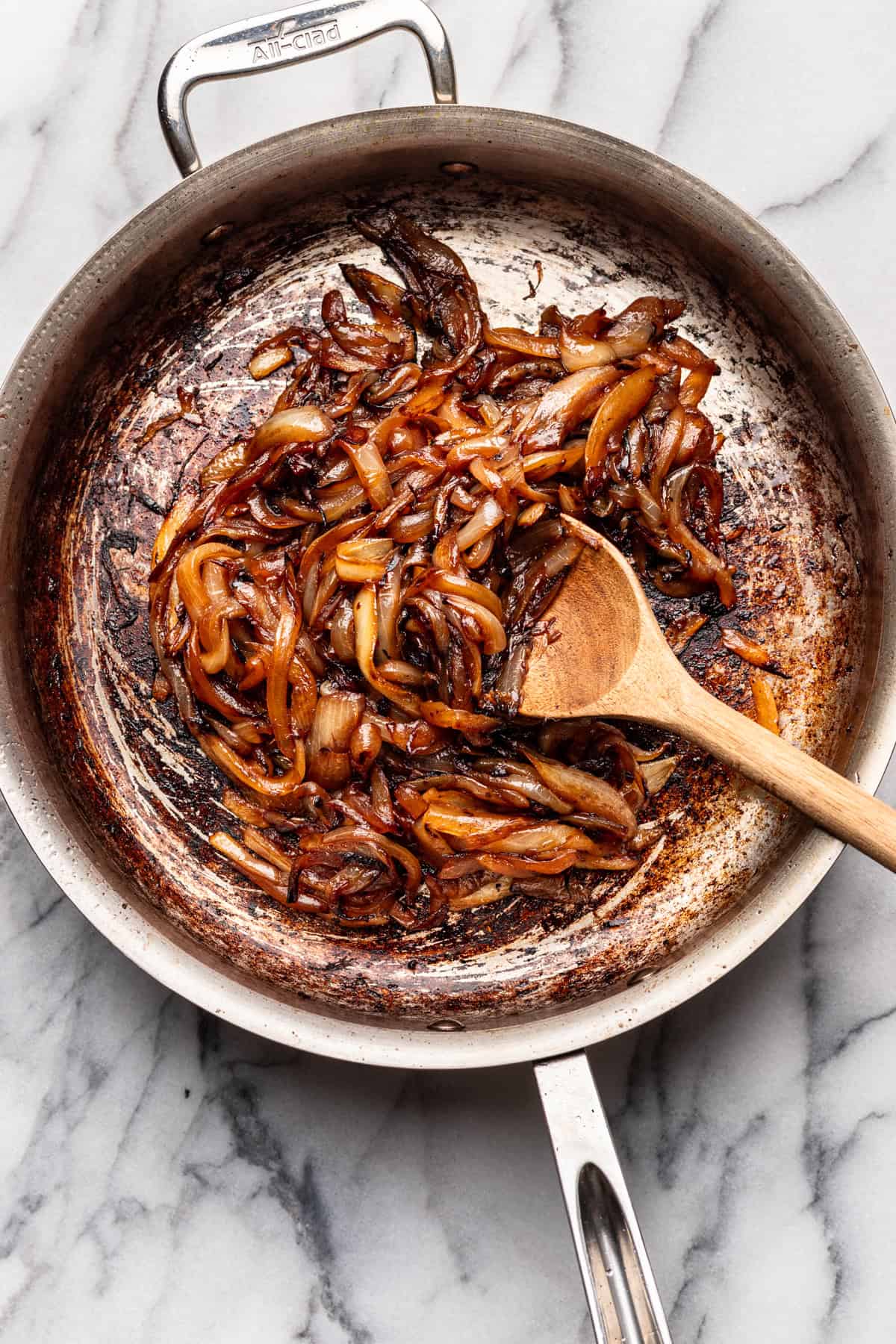Caramelized onions in a skillet.